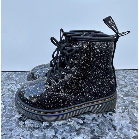 DR. MARTENS 1460T BLACK GLITTER LACE UP ZIP BOOTS KIDS SIZE 8 - Picture 3 of 8